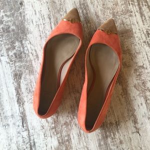 Tory Burch Orange Tan Suede Colorblock Logo Flat 9